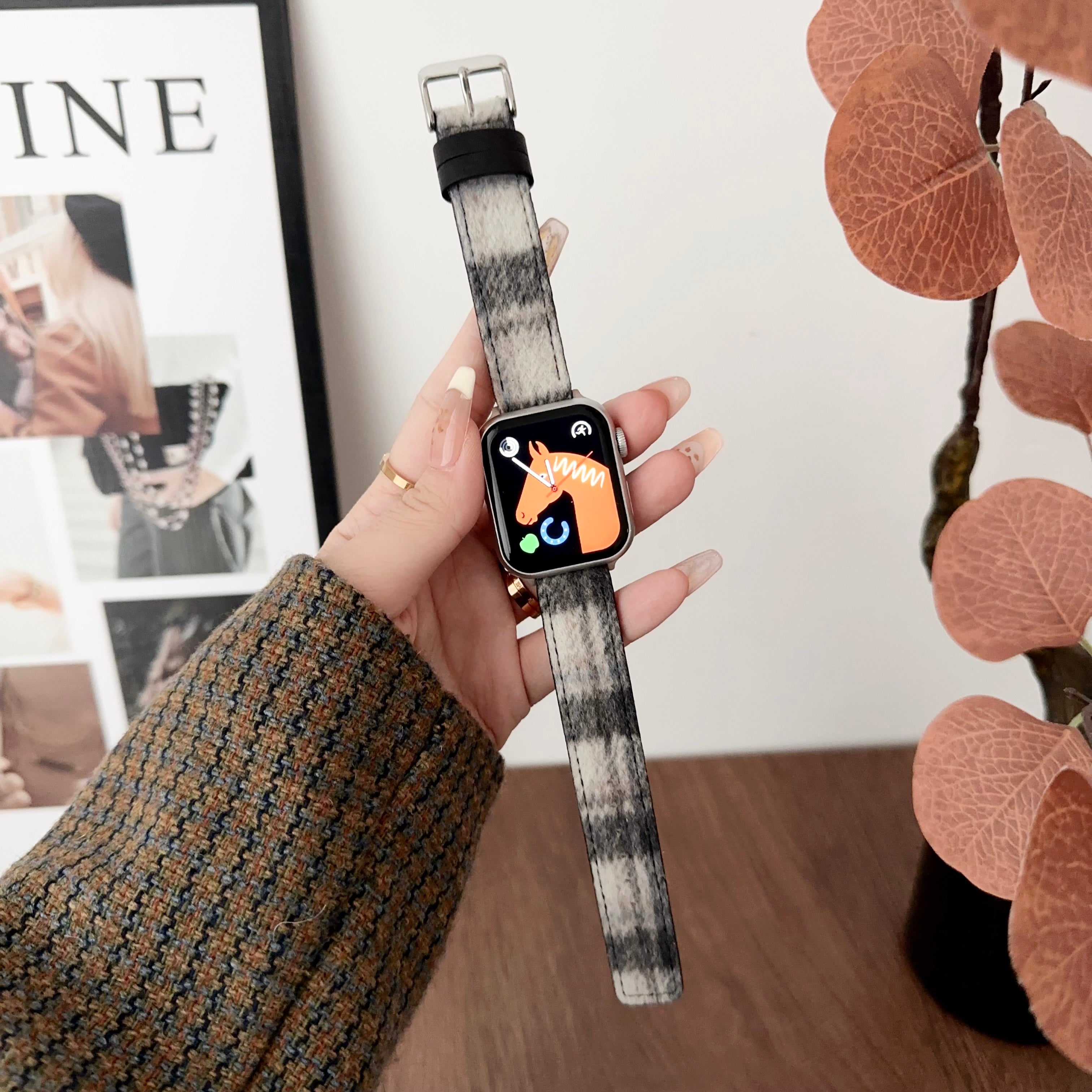 For Apple Watch Series 9 8 7 41mm / 6 5 4 SE (2023) SE (2022) SE 40mm / 3 2 1 38mm Woolen Watch Band - Pink Purple For Apple Watch Series 9 8 7 41mm / 6 5 4 SE (2023) SE (2022) SE 40mm / 3 2 1 38mm Woolen Watch Band - Pink Purple